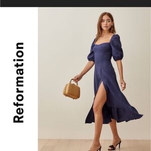 Reformation Navy Puff Sleeve Midi Dress